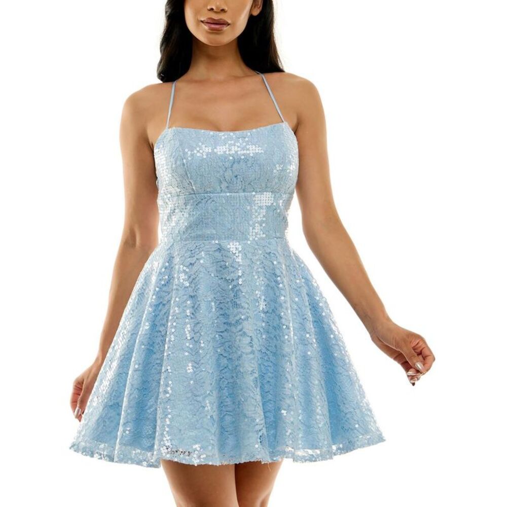 B. Darlin Womens Blue Lace Sequined Strappy Fit & Flare Dress Juniors